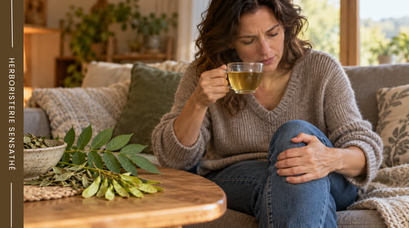 Femme souffrant de douleurs articulaires au genou, buvant une infusion de feuilles de frêne traditionnellement utilisées contre l’arthrose - Herboristerie Sensathé Femme souffrant de douleurs articulaires au genou, buvant une infusion de feuilles de frêne traditionnellement utilisées contre l’arthrose - Herboristerie Sensathé
